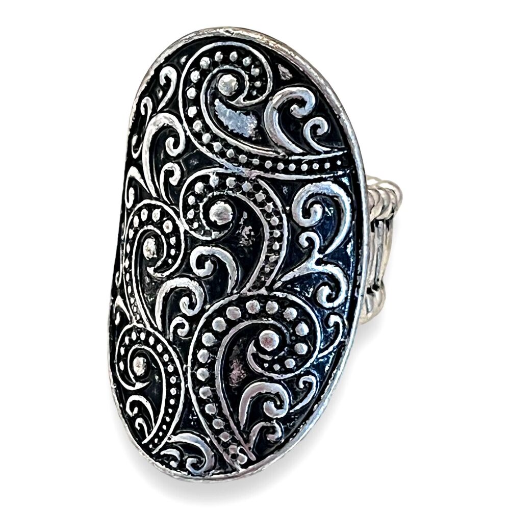 New Ornate Stretch Ring Antique Silver Tone - 2T